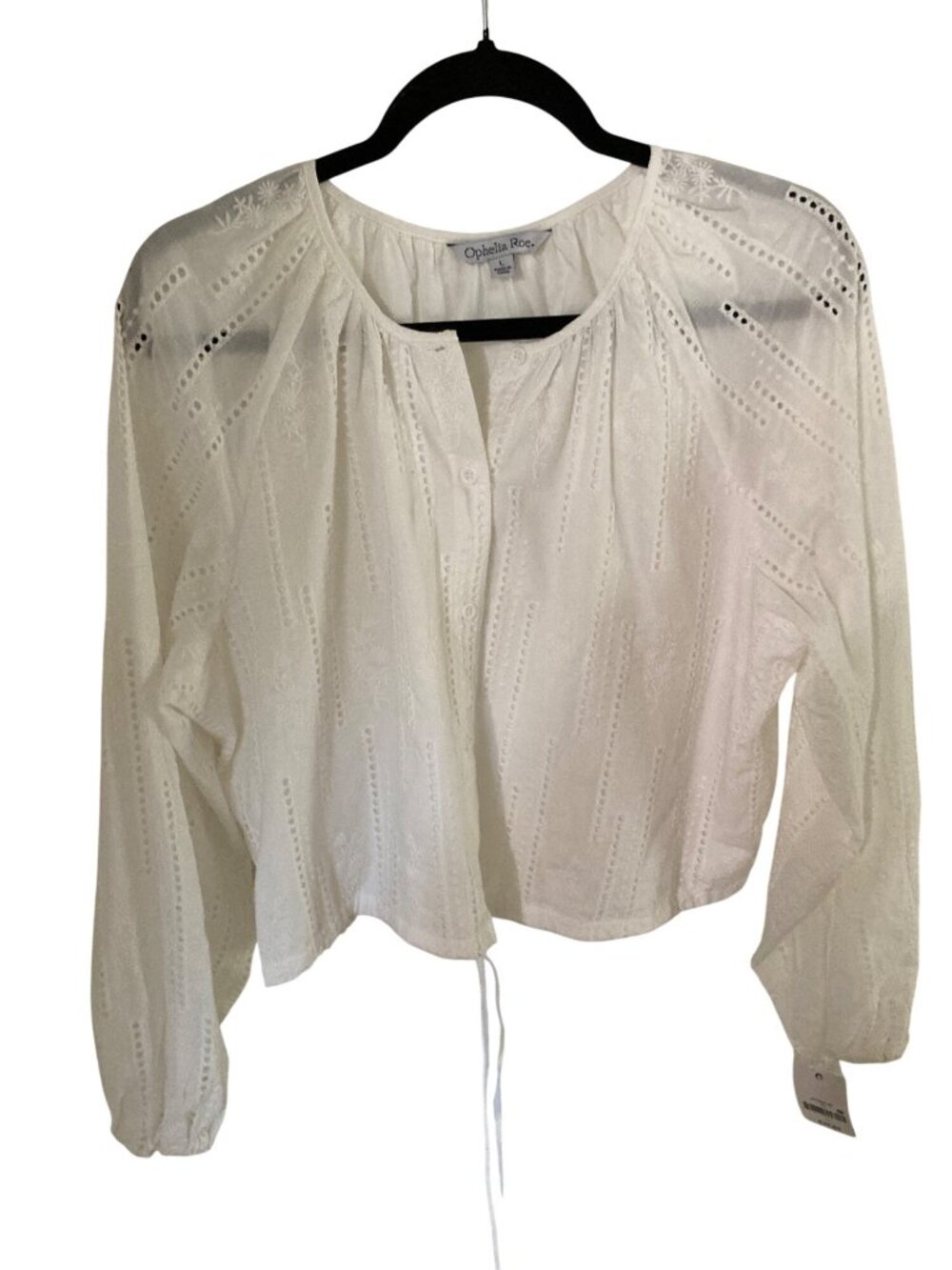 Ophelia Roe Women's White Eyelet Balloon Sleeves Button Up Blouse Large NWT
